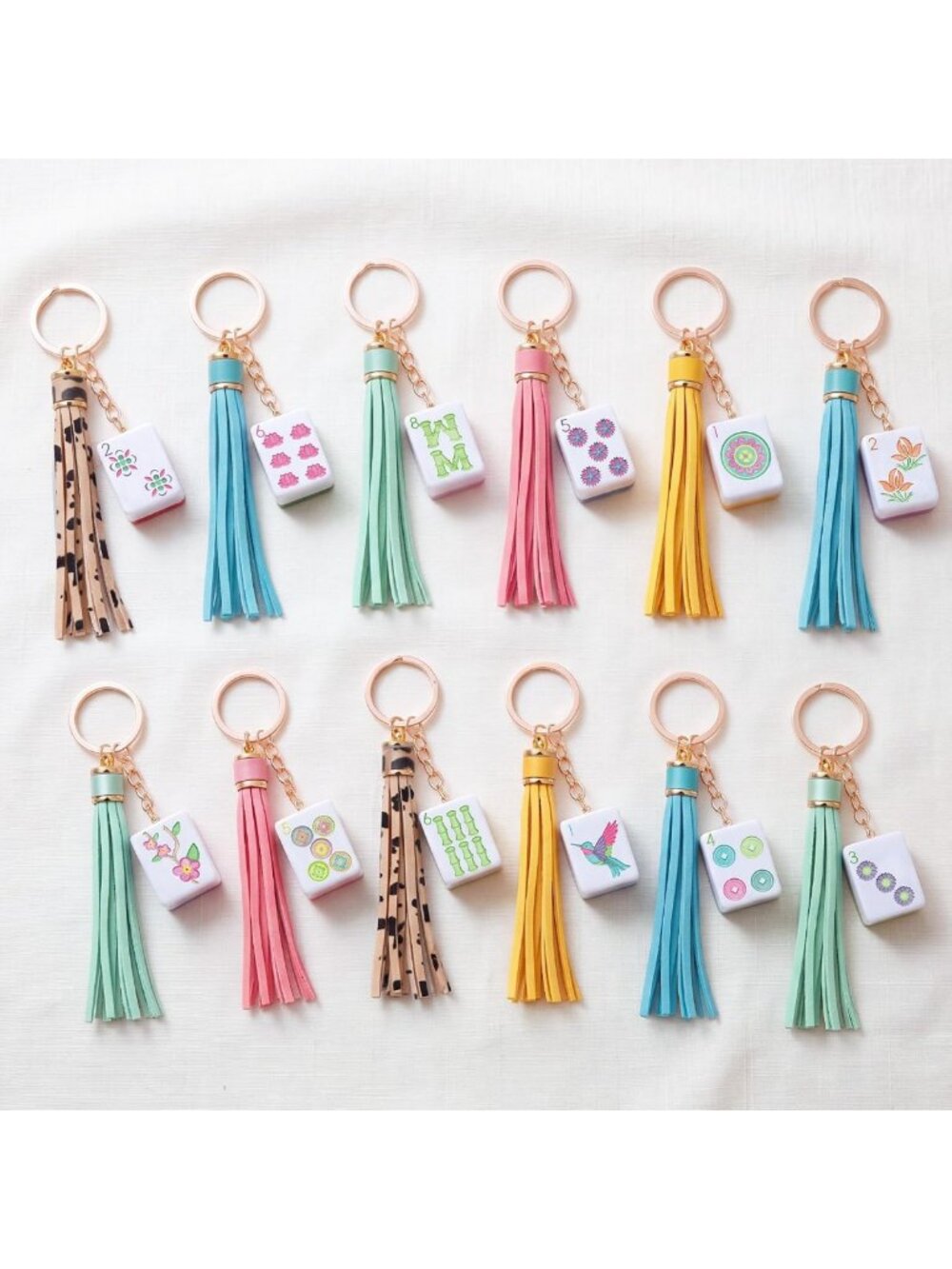 12 Pcs Mahjong Keychain Set with Tassel, Cute Minimalist Accessories